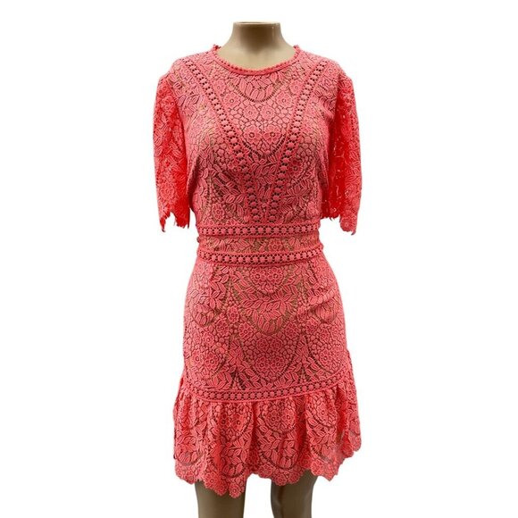 Saylor Darian Open Back Ruffle Mini Cocktail Dress Lace Crochet Coral Women XL - Picture 2 of 15